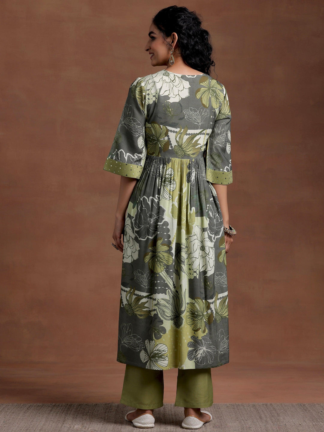 Green Printed Rayon A-Line Kurta With Trousers - Libas 