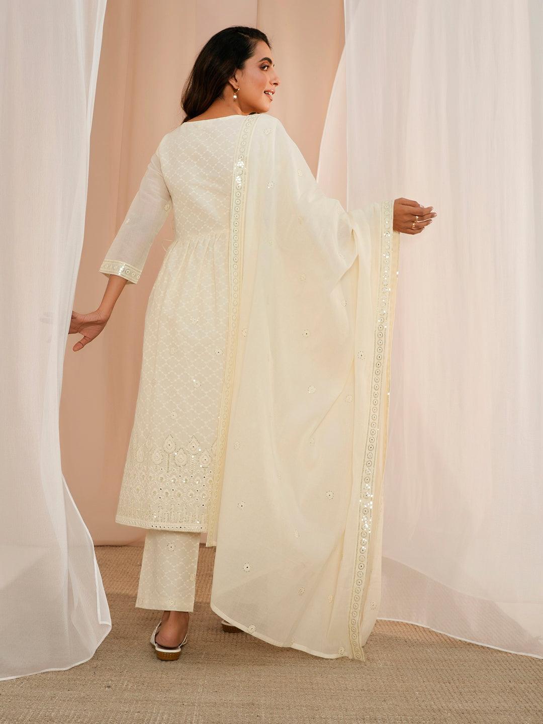 Off White Embroidered Cotton A-Line Kurta With Trousers & Dupatta - Libas 