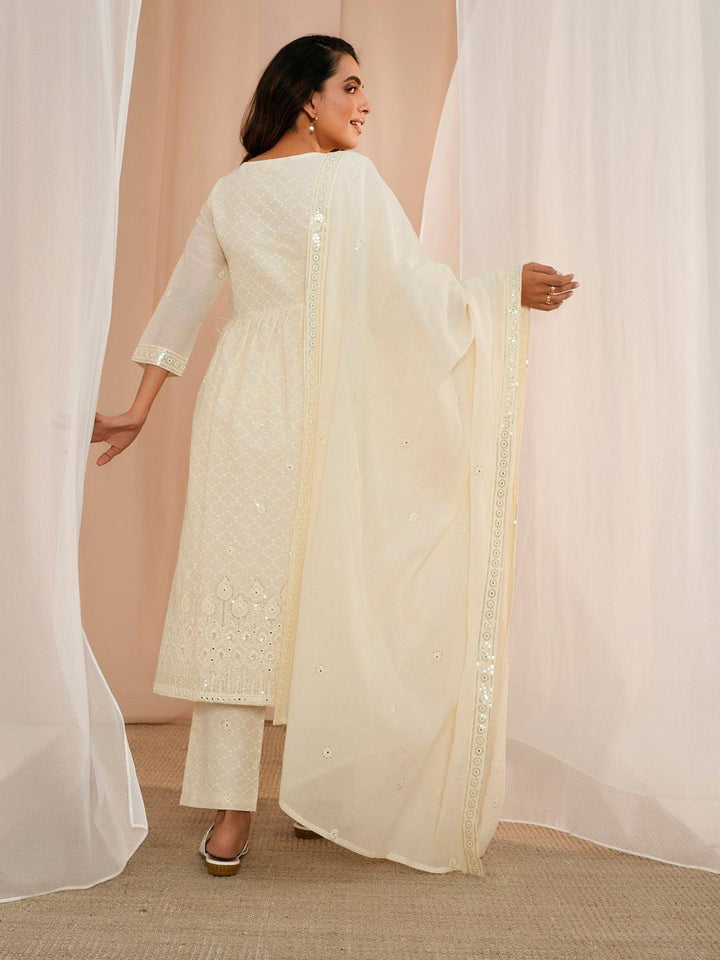 Off White Embroidered Cotton A-Line Kurta With Trousers & Dupatta - Libas