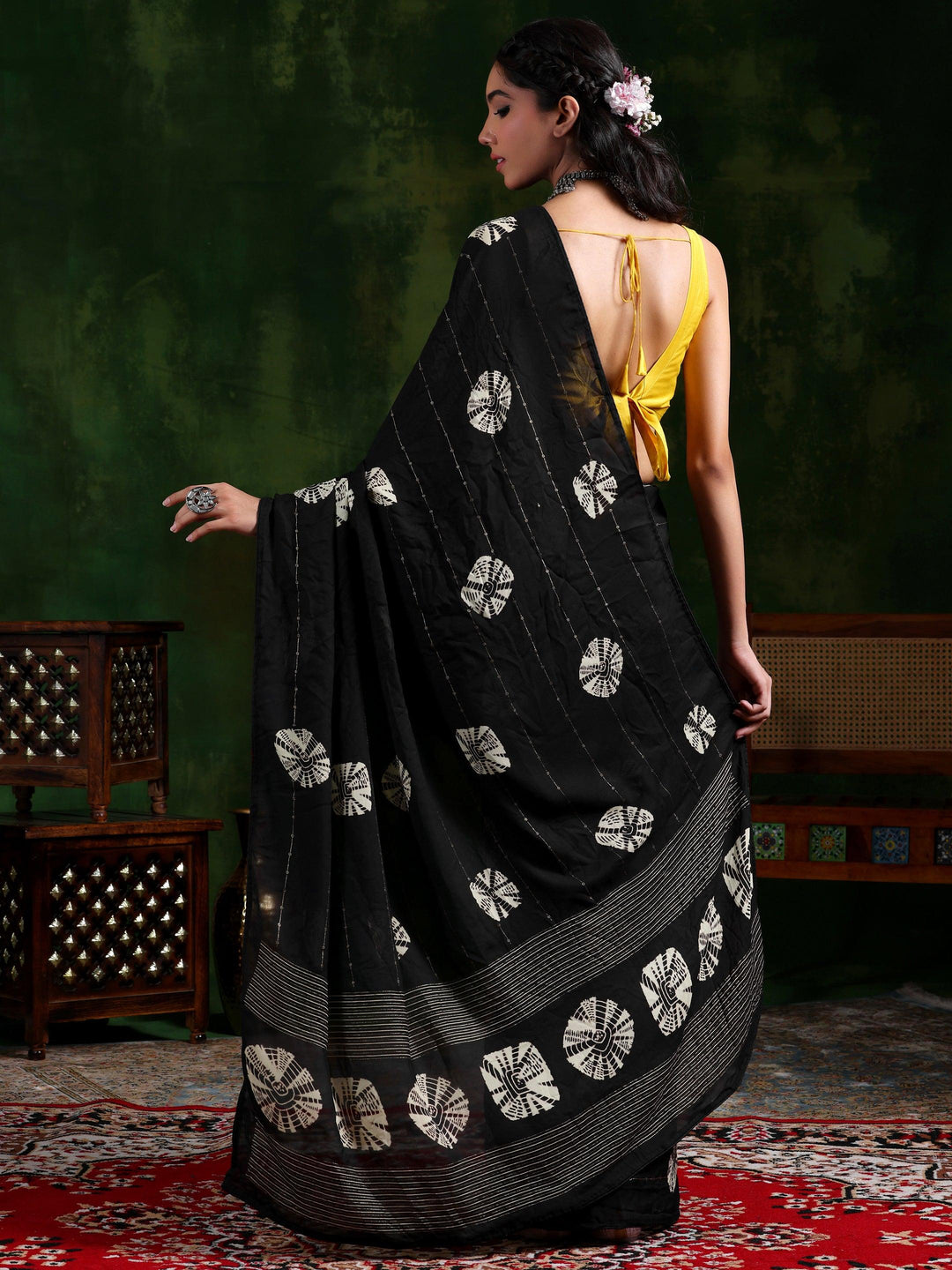 Black Printed Poly Chiffon Saree With Unstitched Blouse Piece - Libas 