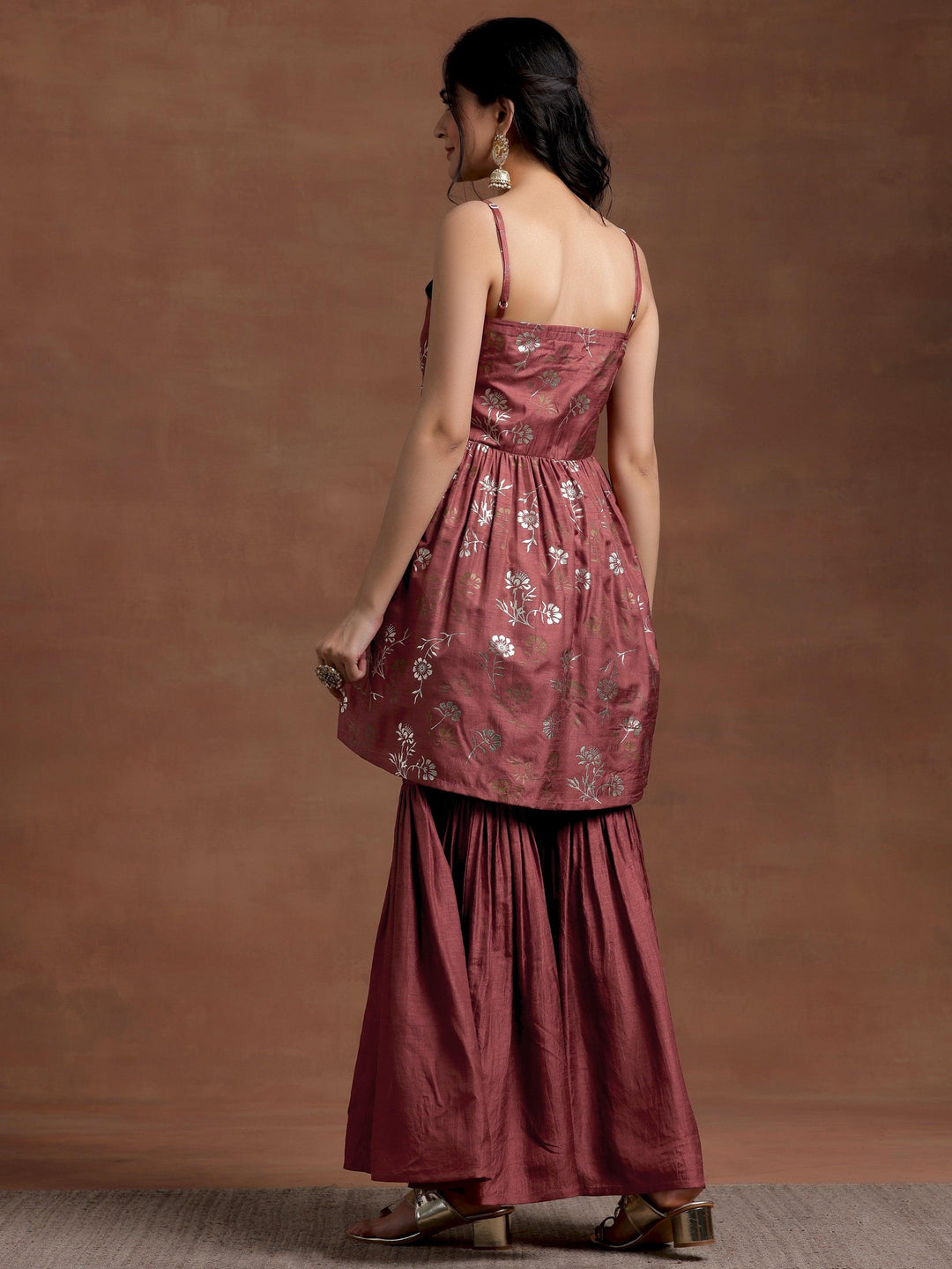 Brown Printed Silk Blend A-Line Kurta With Sharara - Libas 