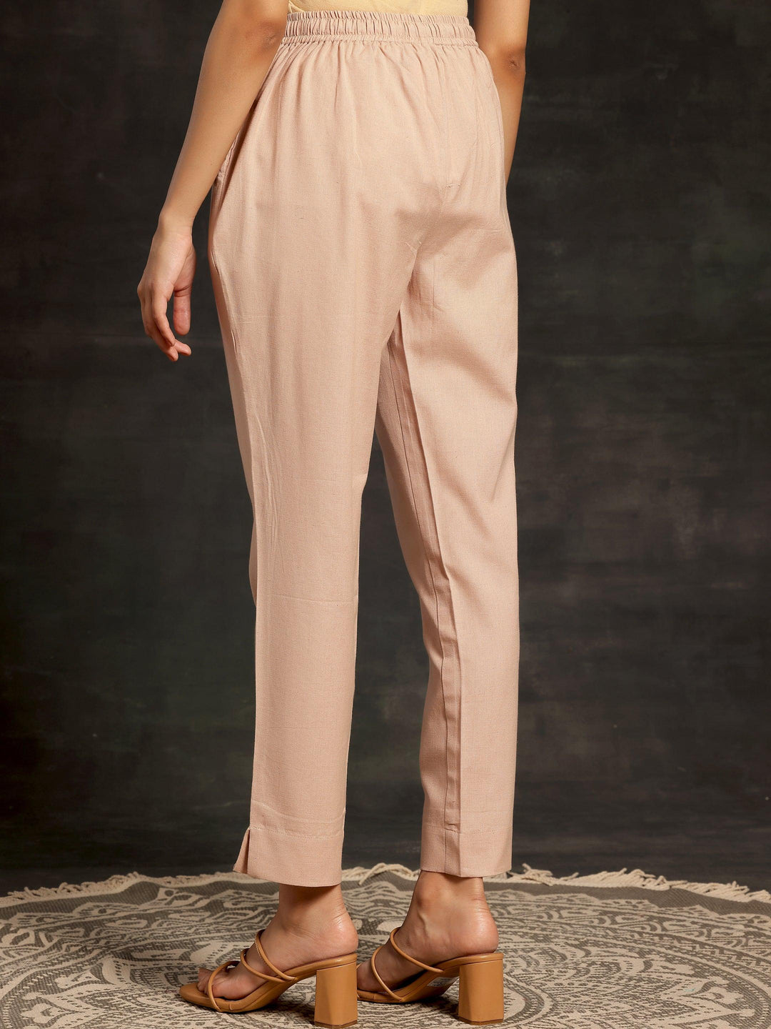 Peach Solid Cotton Straight Fit Trousers - Libas