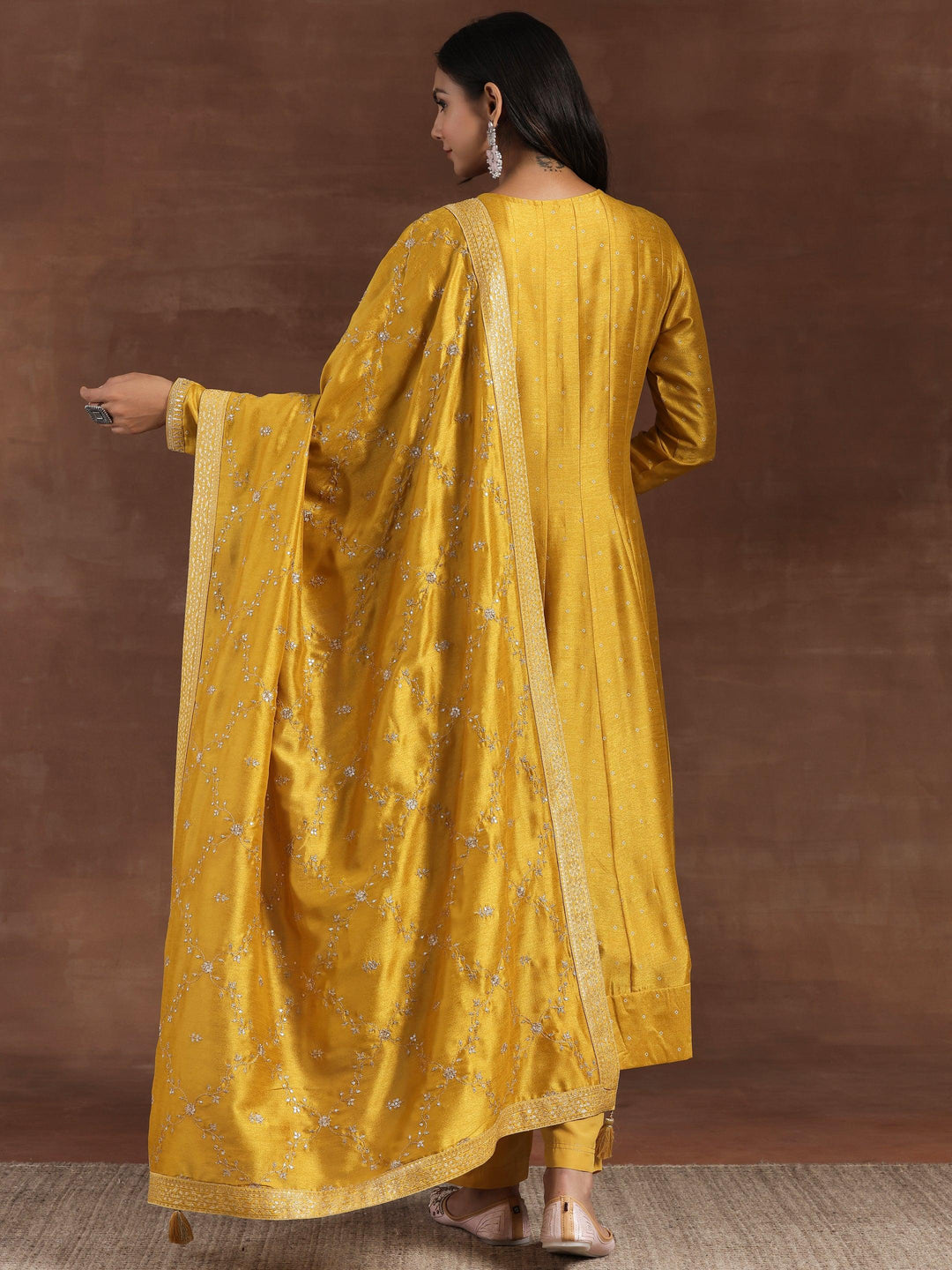 Mustard Embroidered Silk Blend A-Line Kurta With Palazzos & Dupatta - Libas 