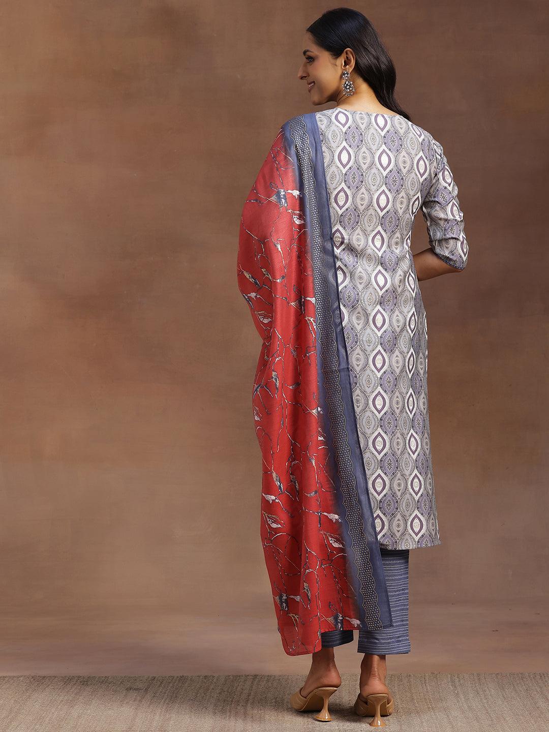 Grey Printed Silk Blend Straight Suit With Dupatta - Libas 