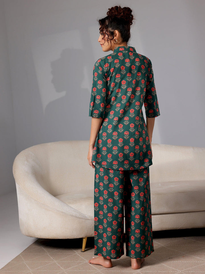 Green Printed Cotton Night Suits - Libas