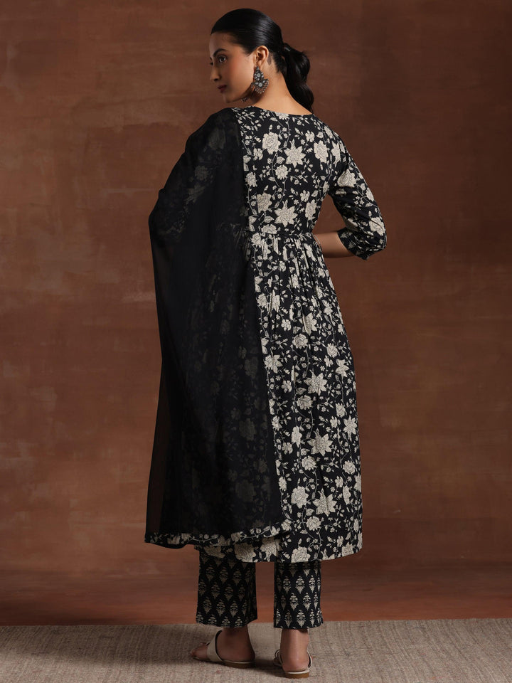 Black Printed Pure Cotton Anarkali Suit With Dupatta - Libas