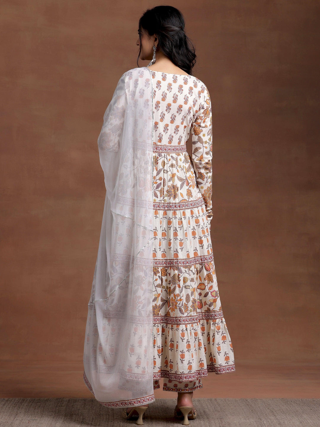 Off white Printed Cotton A-Line Kurta With Palazzos & Dupatta - Libas