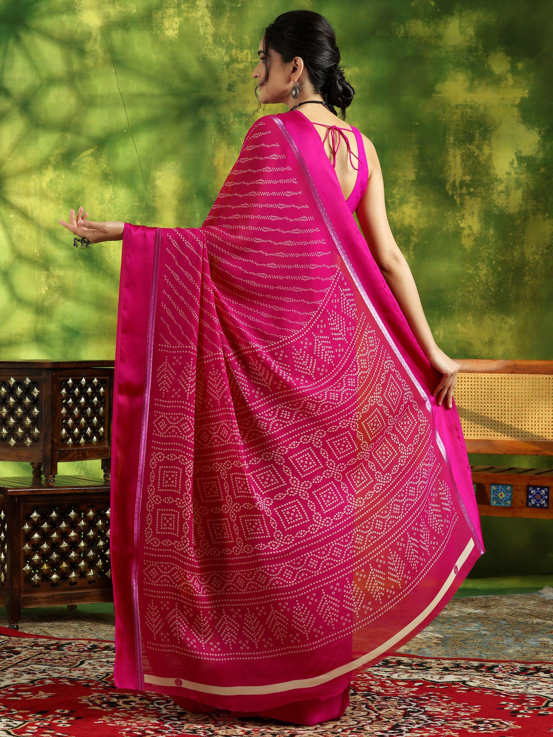 Pink Printed Satin Saree With Unstitched Blouse Piece - Libas 