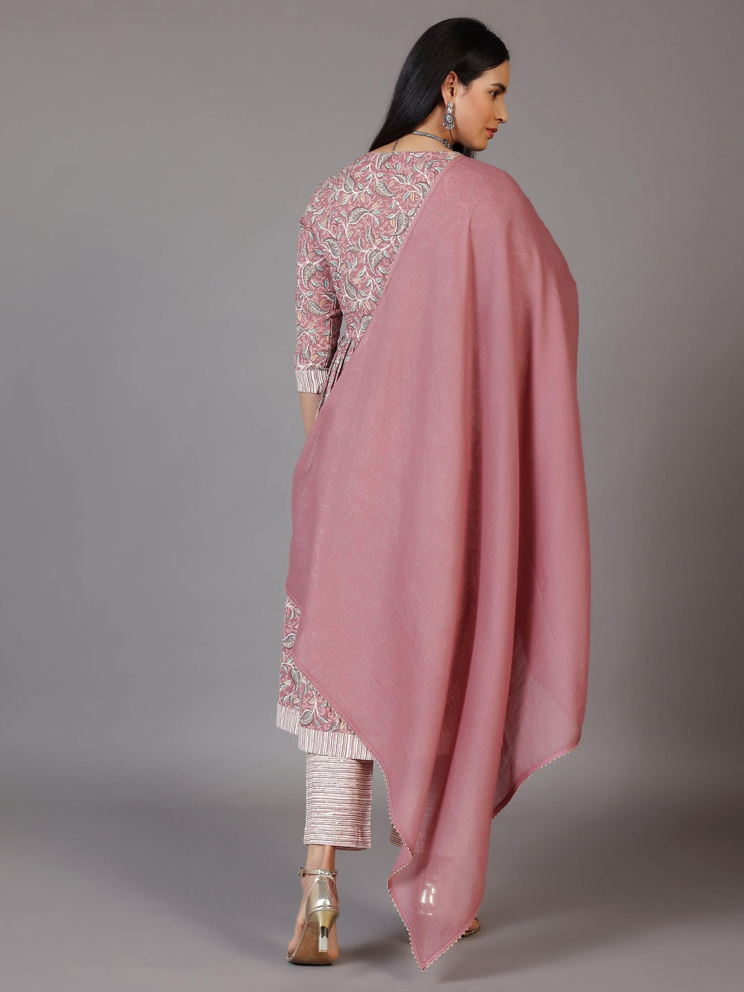 Pink Printed Cotton Anarkali Suit With Dupatta - Libas