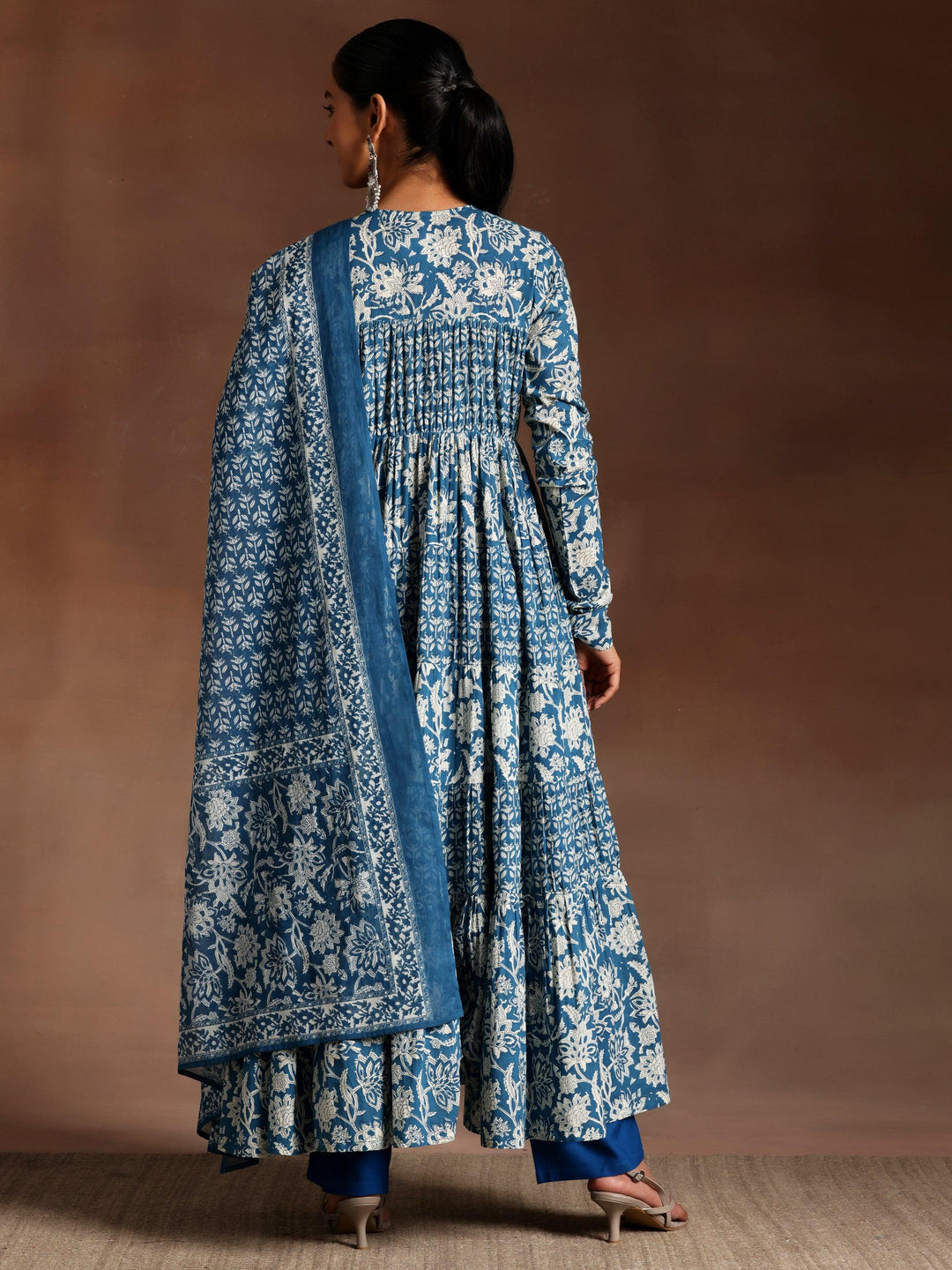 Blue Printed Cotton A-Line Kurta With Trousers & Dupatta - Libas 