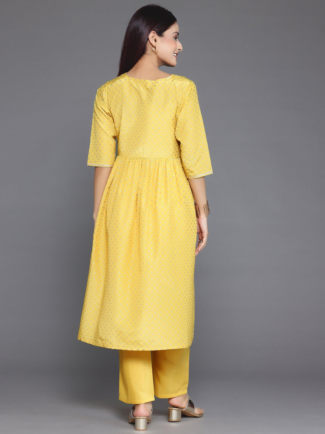 Yellow Woven Design Silk Blend A-Line Kurta With Trousers - Libas 