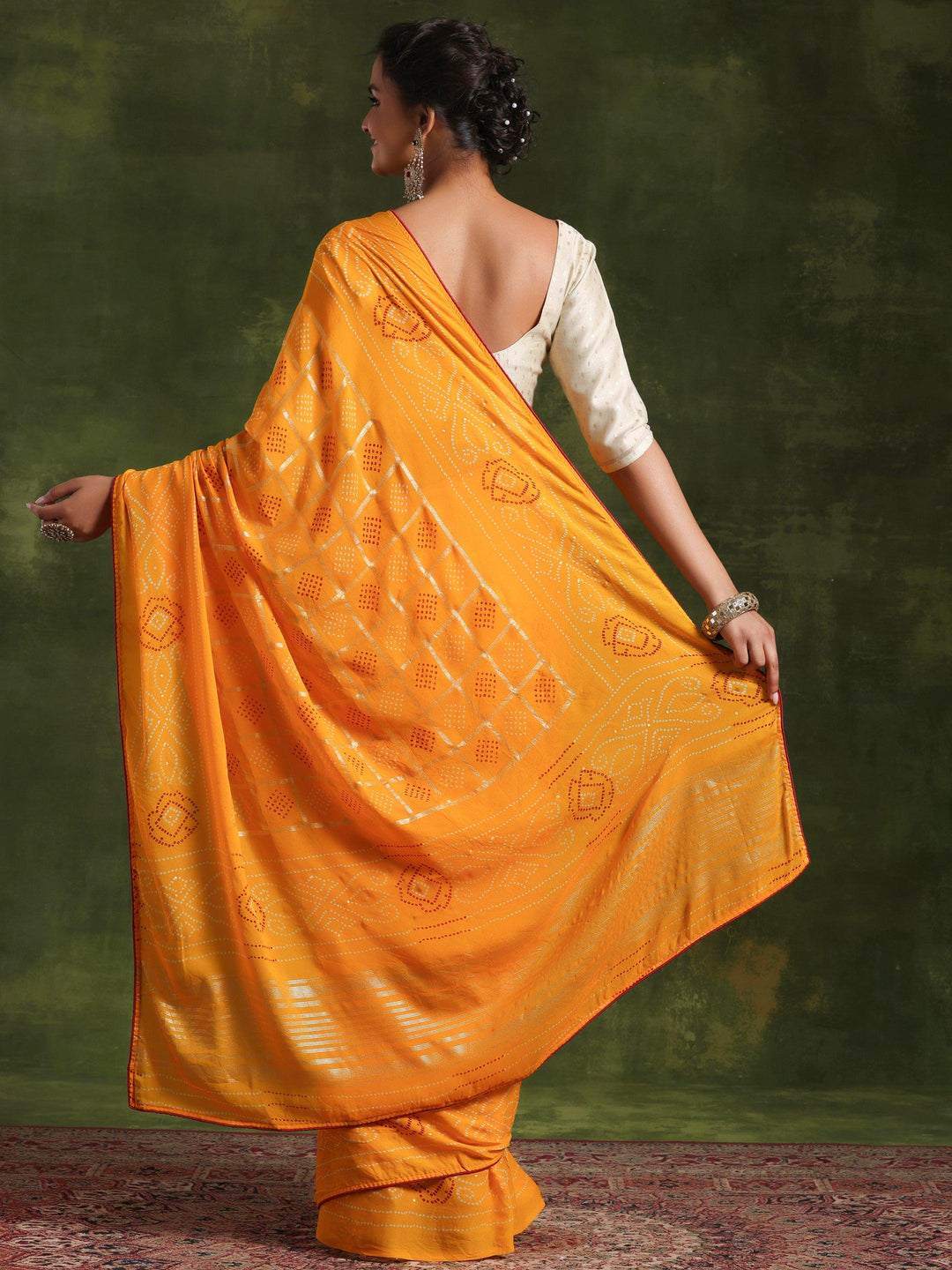 Mustard Printed Poly Georgette Saree With Unstitched Blouse Piece - Libas