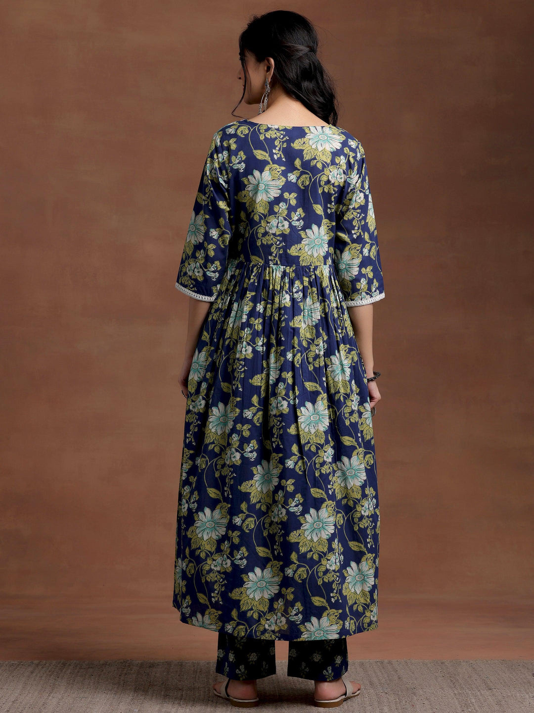 Blue Printed Cotton A-Line Kurta With Trousers - Libas 