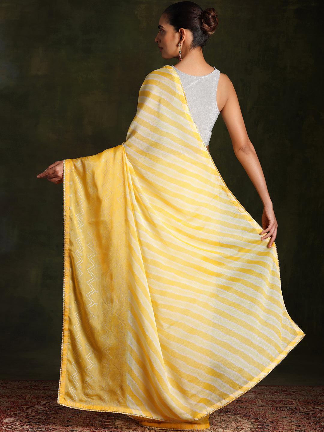 Yellow Printed Silk Blend Saree With Unstitched Blouse Piece - Libas