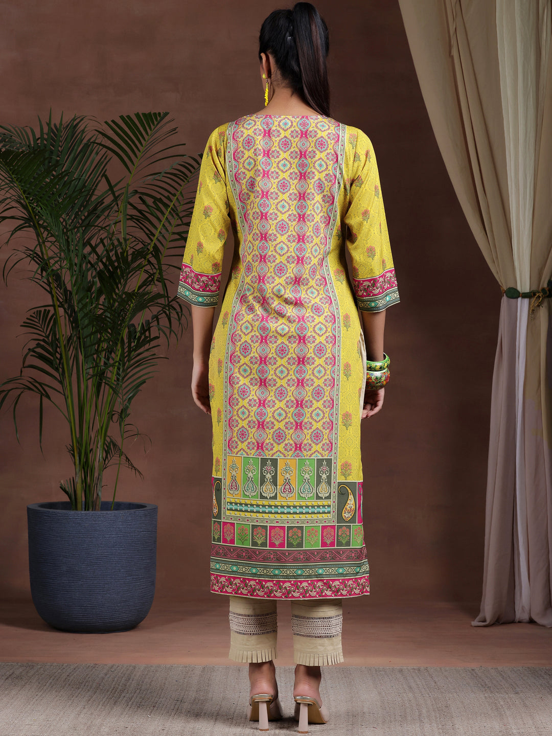  Mustard Printed Crepe Straight Kurta 