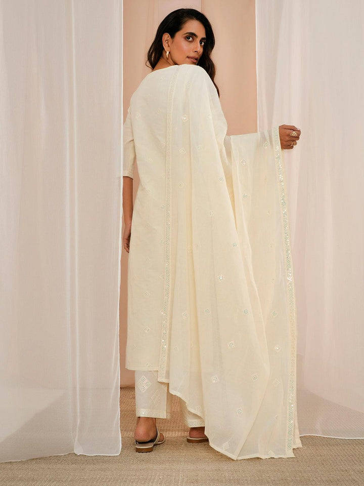 Off White Embroidered Cotton Straight Suit With Dupatta - Libas