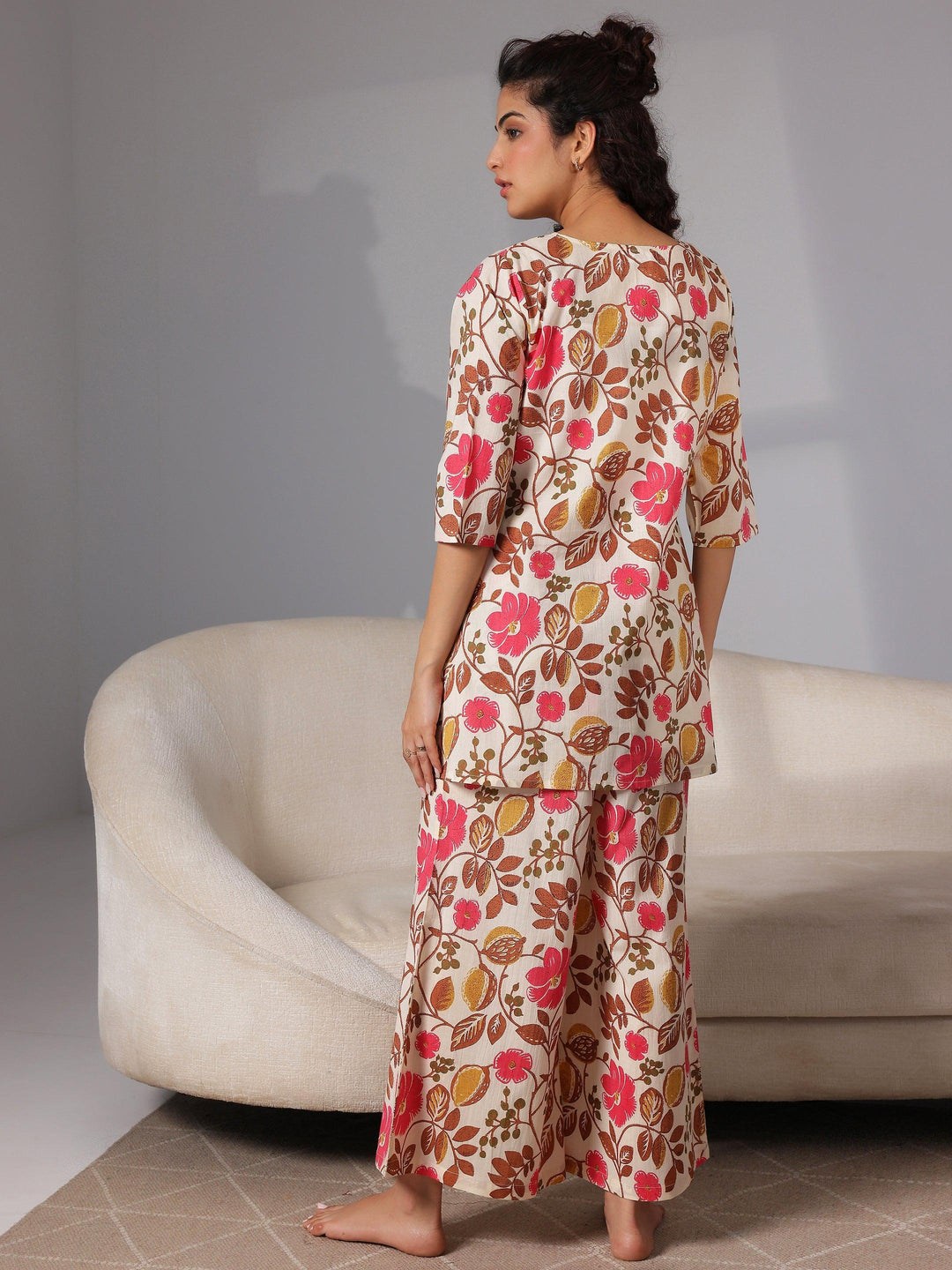 Cream Printed Cotton Night Suits - Libas