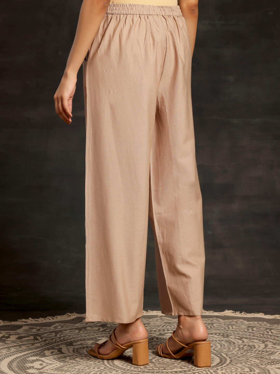 Beige Solid Cotton Wide Leg Palazzos - Libas 