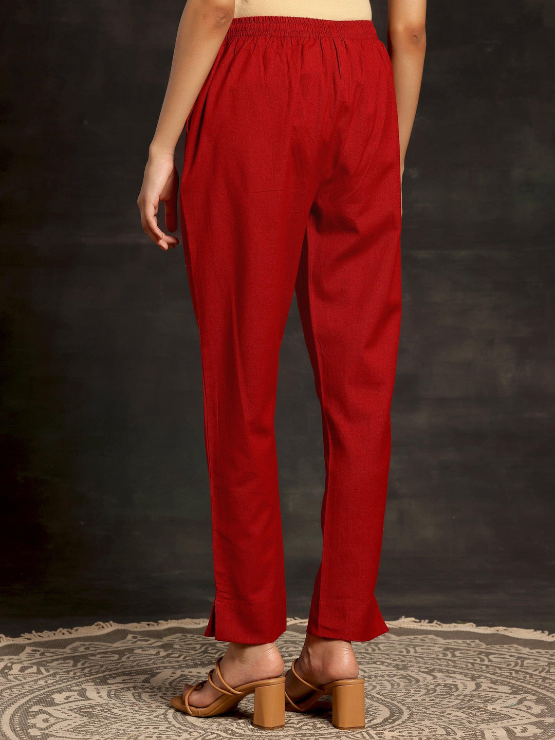 Maroon Solid Cotton Straight Fit Trousers - Libas