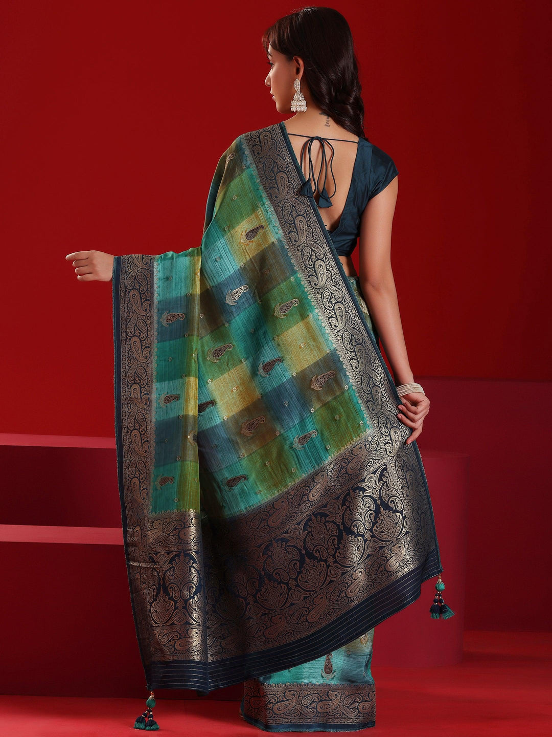 Libas Art Green Woven Design Satin Saree With Unstitched Blouse Piece - Libas