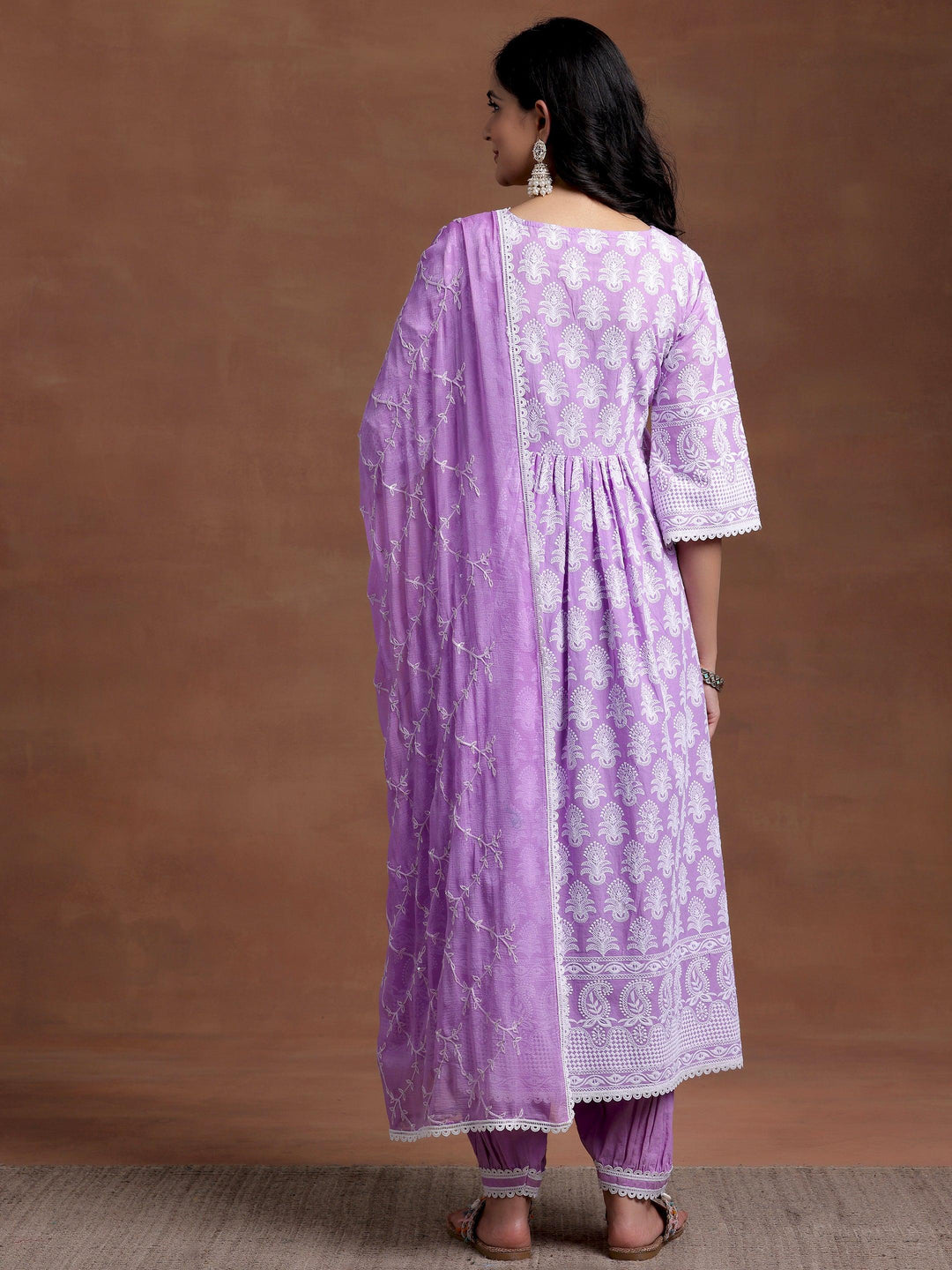 Purple Embroidered Cotton A-Line Kurta With Salwar & Dupatta - Libas