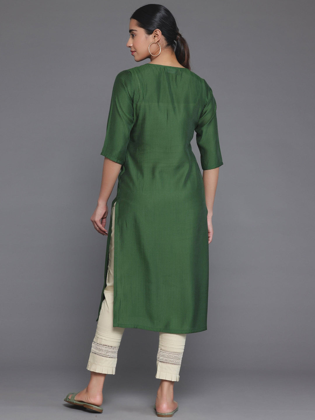 Green Woven Design Silk Straight Kurta - Libas 