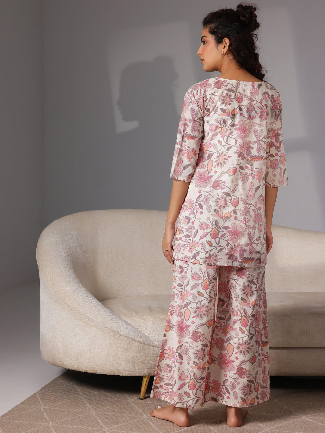 Cream Printed Cotton Night Suits - Libas