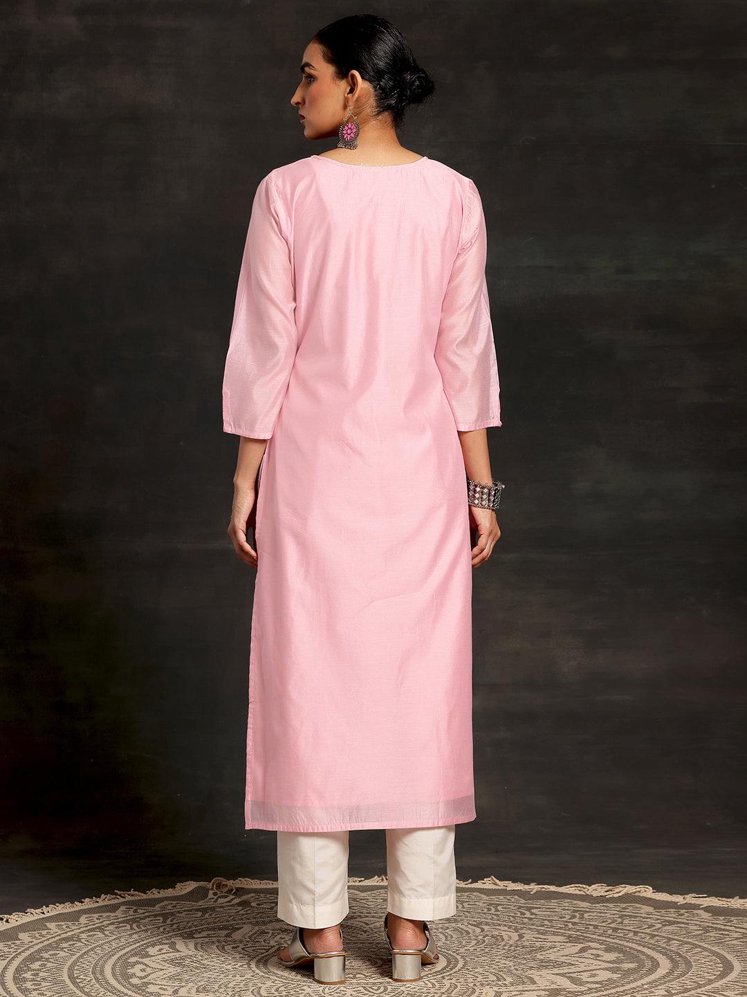 Pink Embroidered Silk Straight Kurta - Libas 