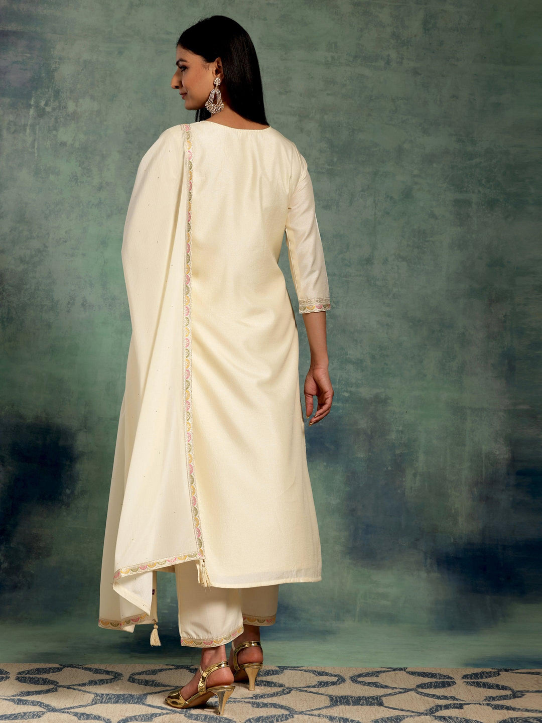 Off White Woven Design Silk Blend Straight Suit With Dupatta - Libas 