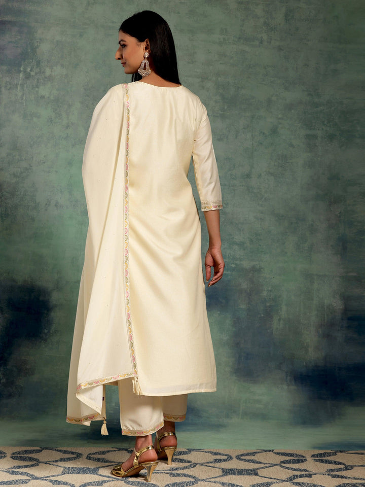 Off White Woven Design Silk Blend Straight Suit With Dupatta - Libas