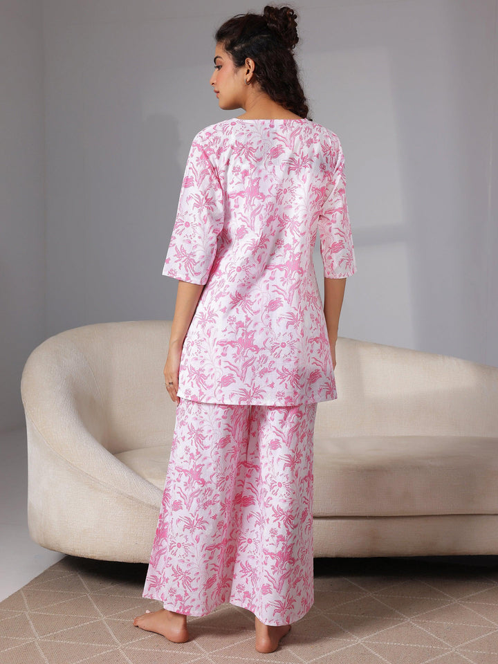 Pink Printed Cotton Night Suits - Libas