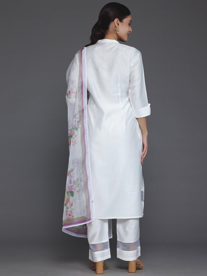 Off White Self Design Silk Blend Straight Suit With Dupatta - Libas