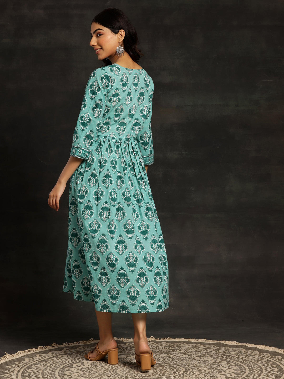 Sea Green Printed Cotton Fit and Flare Dress - Libas