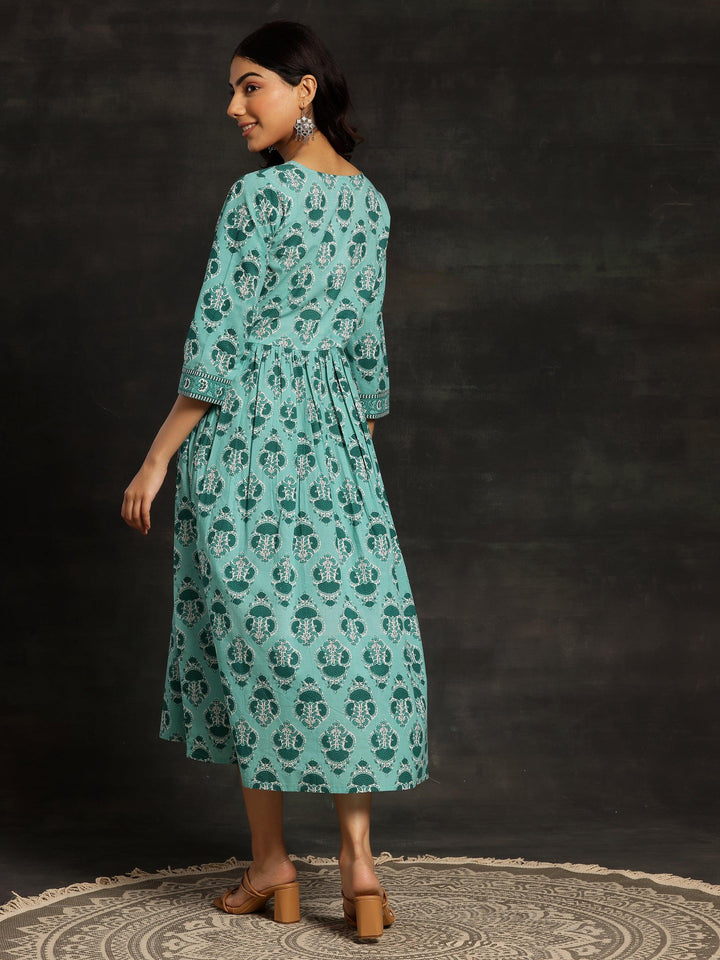 Sea Green Printed Cotton Fit and Flare Dress - Libas