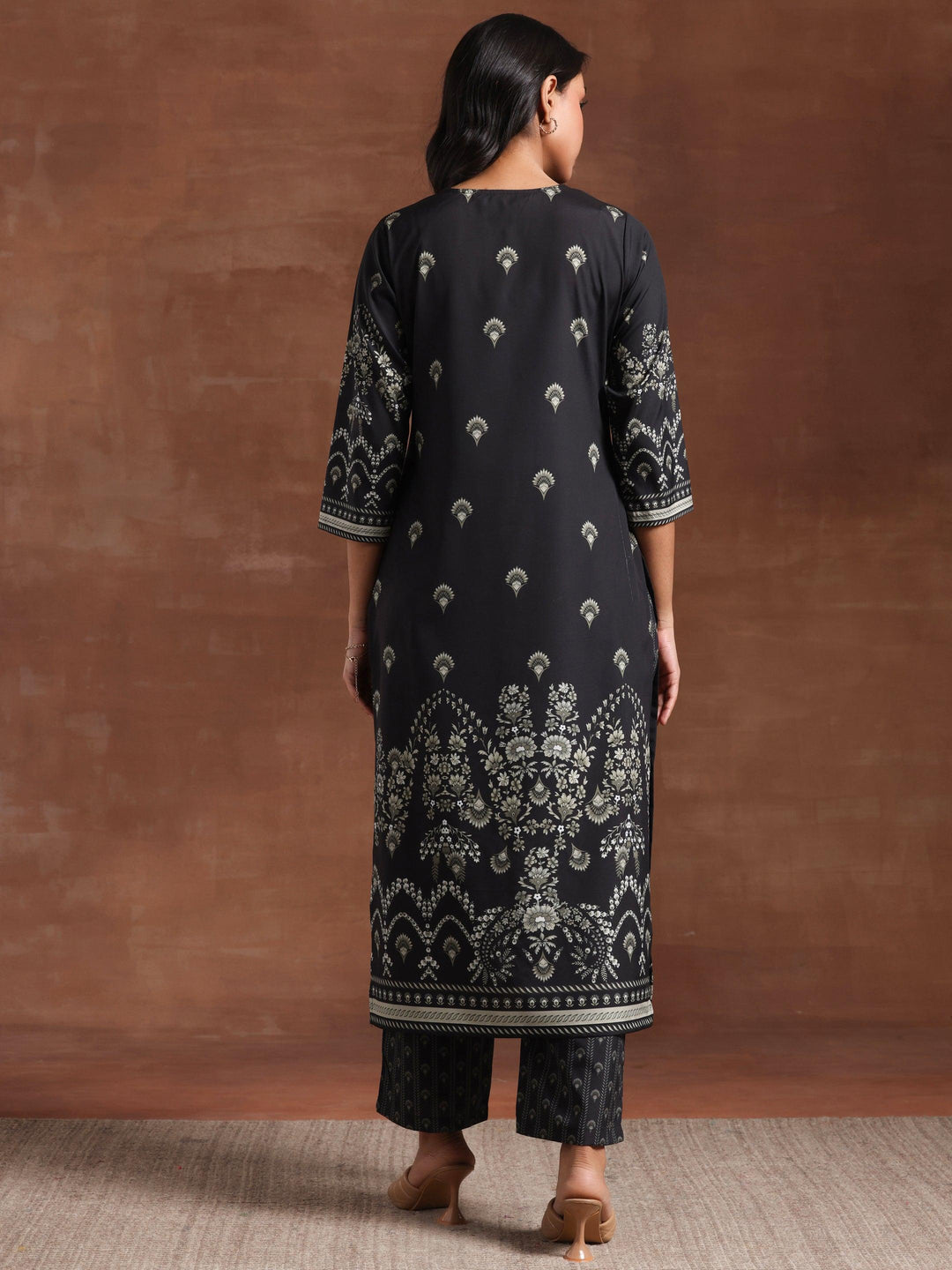 Black Printed Crepe Straight Kurta Set - Libas 