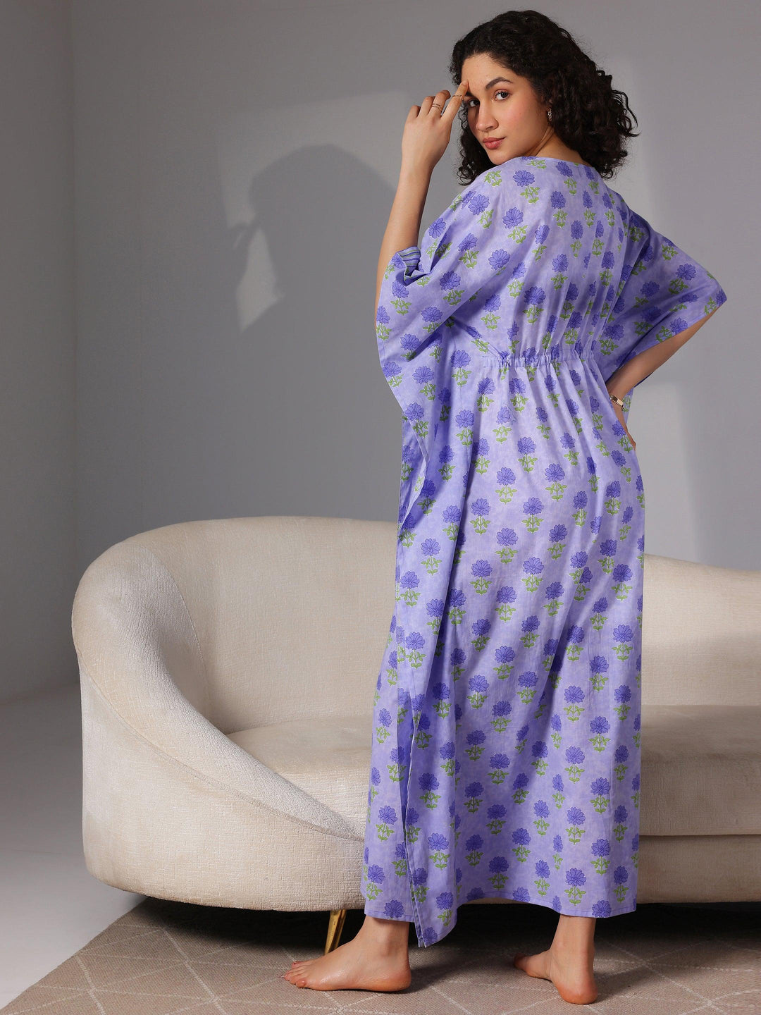 Purple Printed Cotton Kaftan Night Dress - Libas 