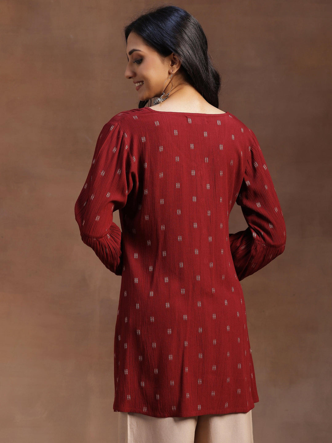  Maroon Woven Design Cotton A-line Kurti 