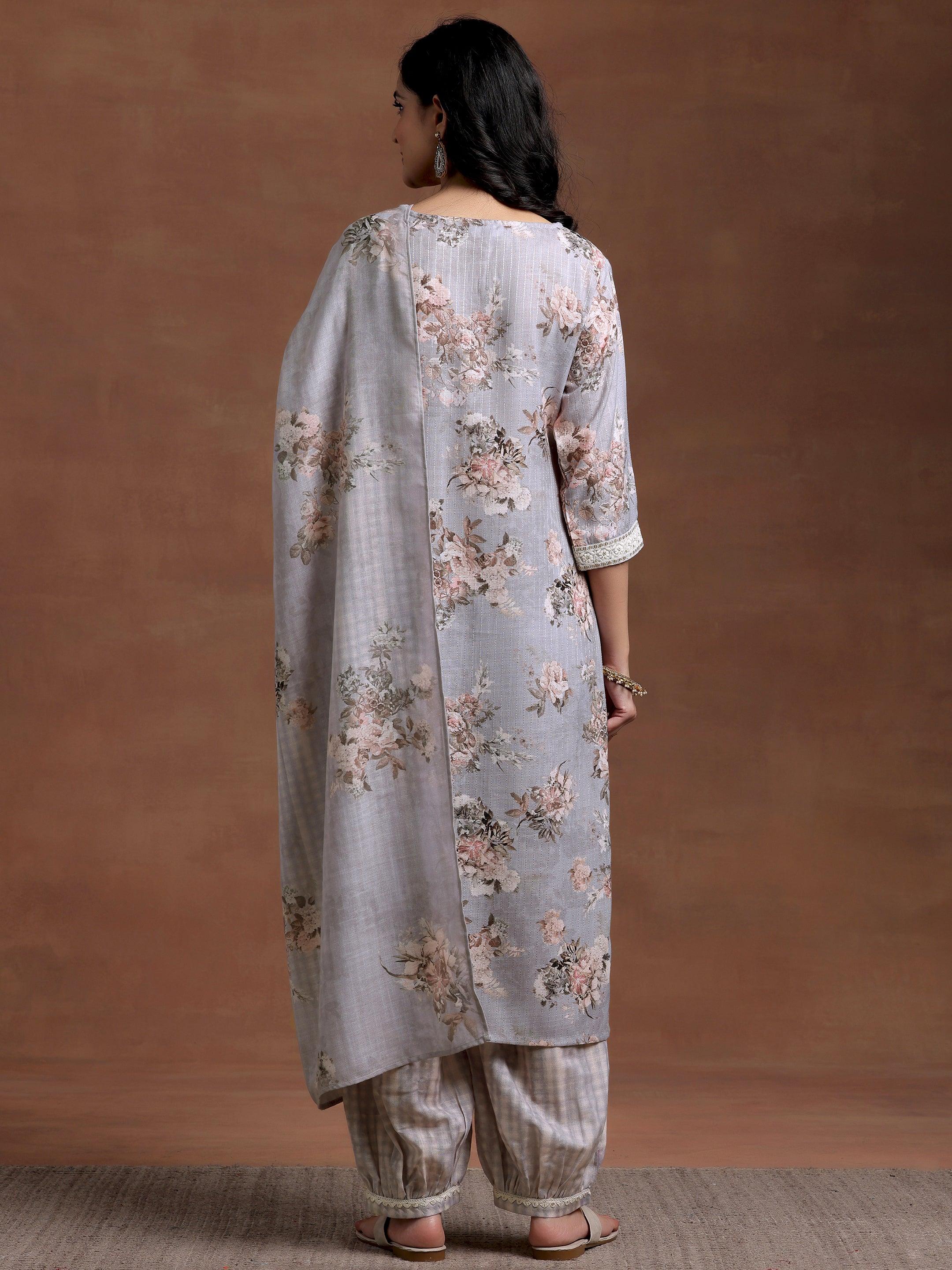 Grey Printed Cotton Straight Suit With Dupatta