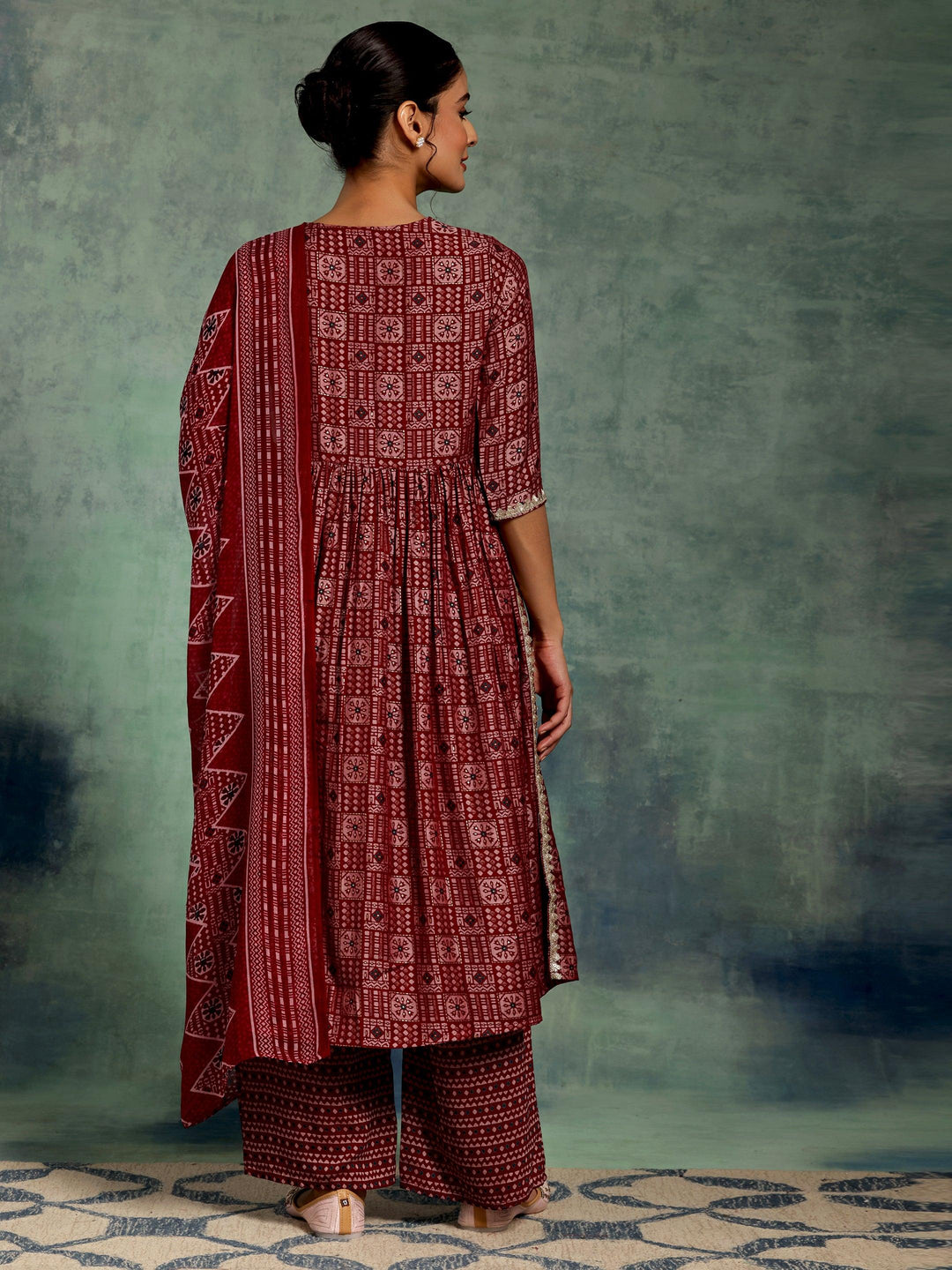 Maroon Printed Silk Blend A-Line Kurta With Palazzos & Dupatta - Libas 