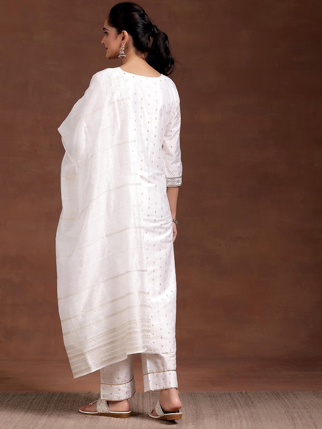 White Yoke Design Silk Blend Straight Suit With Dupatta - Libas 