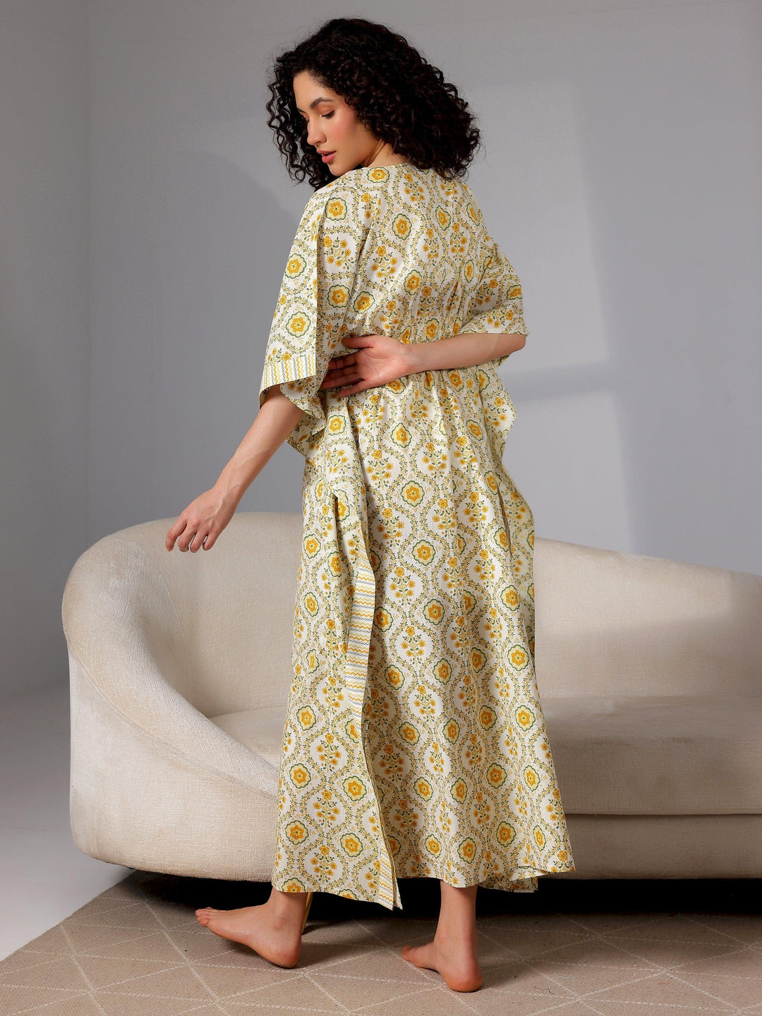 Yellow Printed Cotton Kaftan Night Dress - Libas 