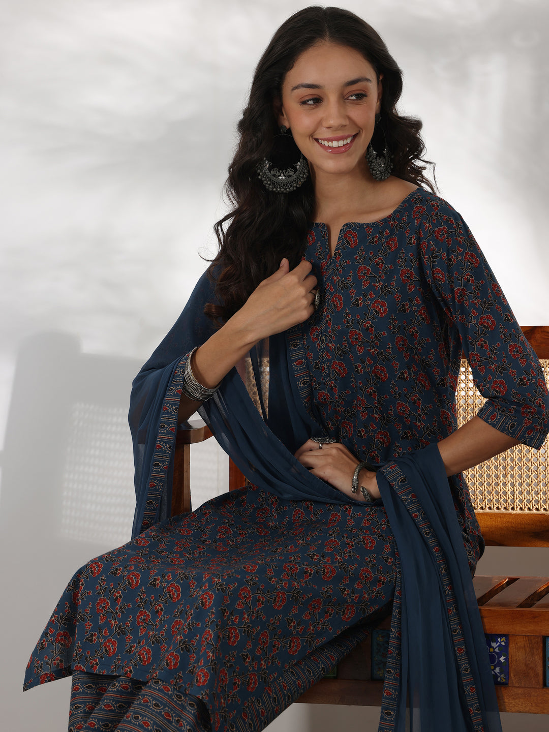  Blue Printed Cotton Straight Suit With Dupatta 