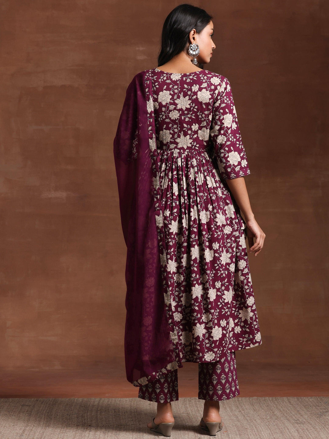 Wine Printed Pure Cotton Anarkali Suit With Dupatta - Libas