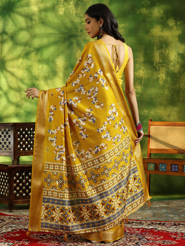 Mustard Printed Silk Blend Saree With Unstitched Blouse Piece - Libas