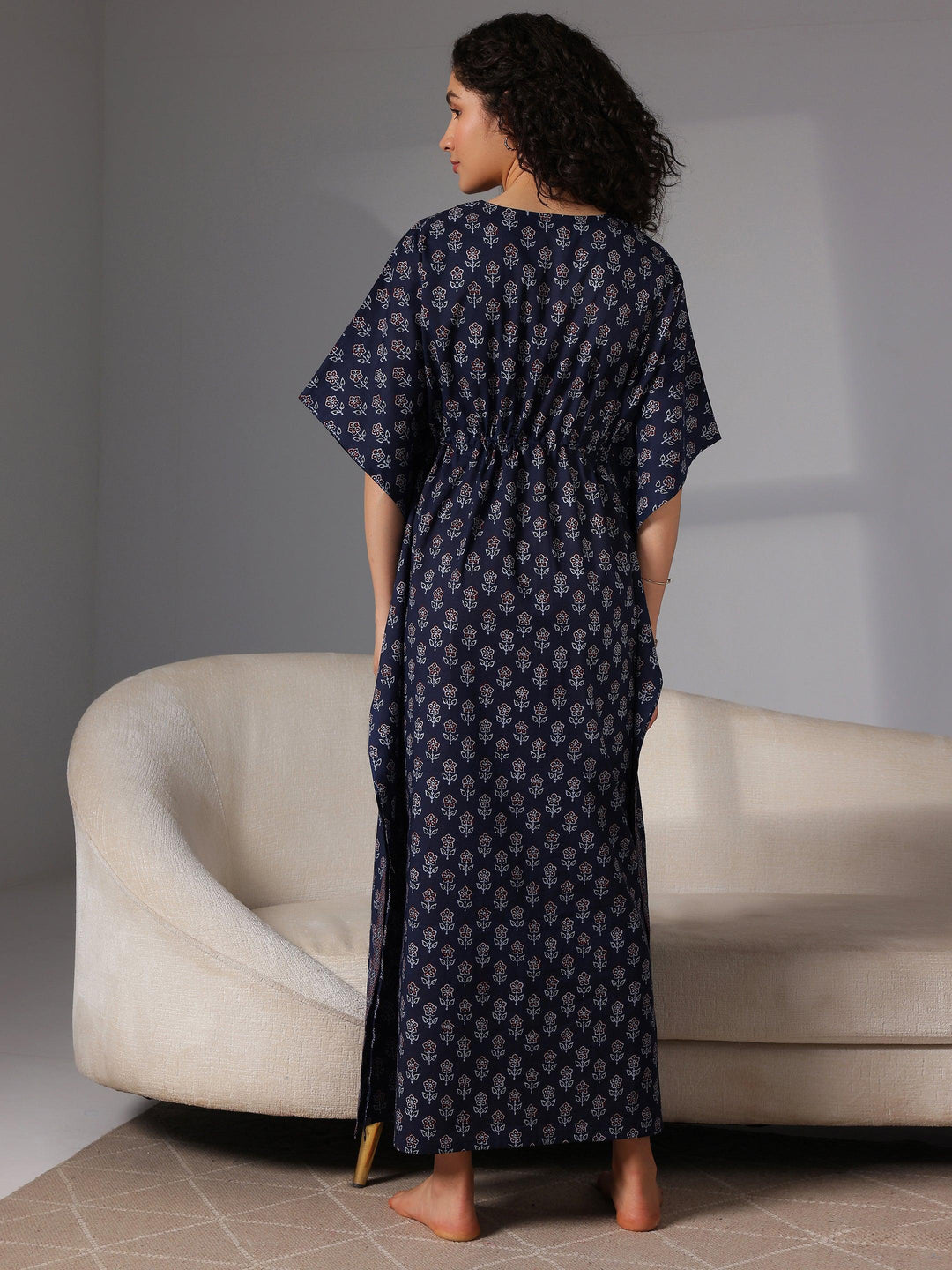 Navy Blue Printed Cotton Kaftan Night Dress - Libas 