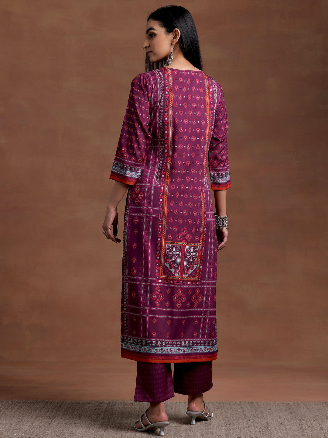 Wine Printed Poly Crepe Straight Kurta Set - Libas