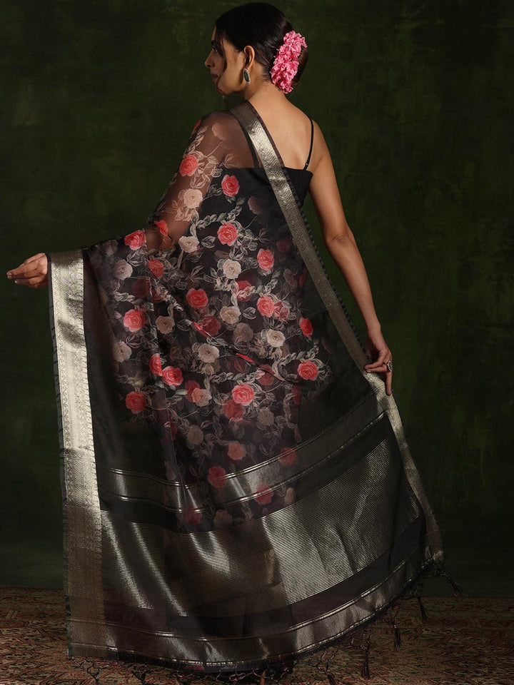 Black Printed Organza Saree With Unstitched Blouse Piece - Libas