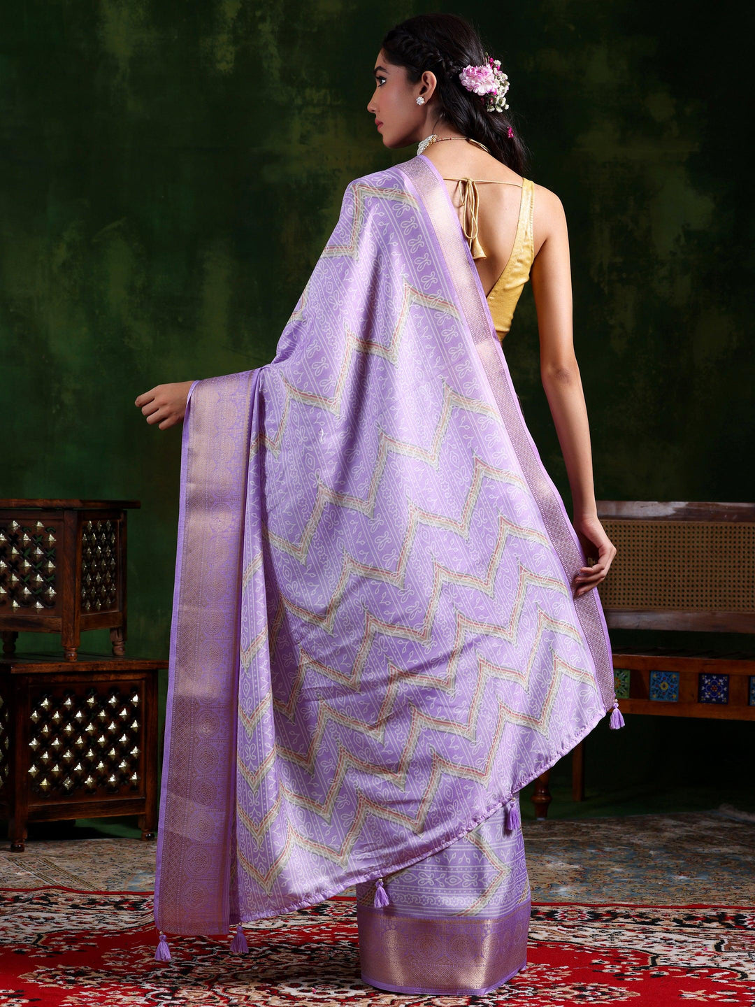 Lavender Printed Silk Blend Saree With Unstitched Blouse Piece - Libas