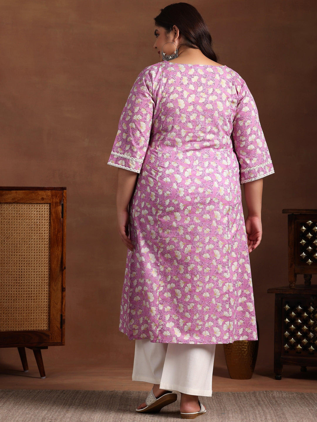 Plus Size Purple Printed Cotton A-Line Kurta - Libas 