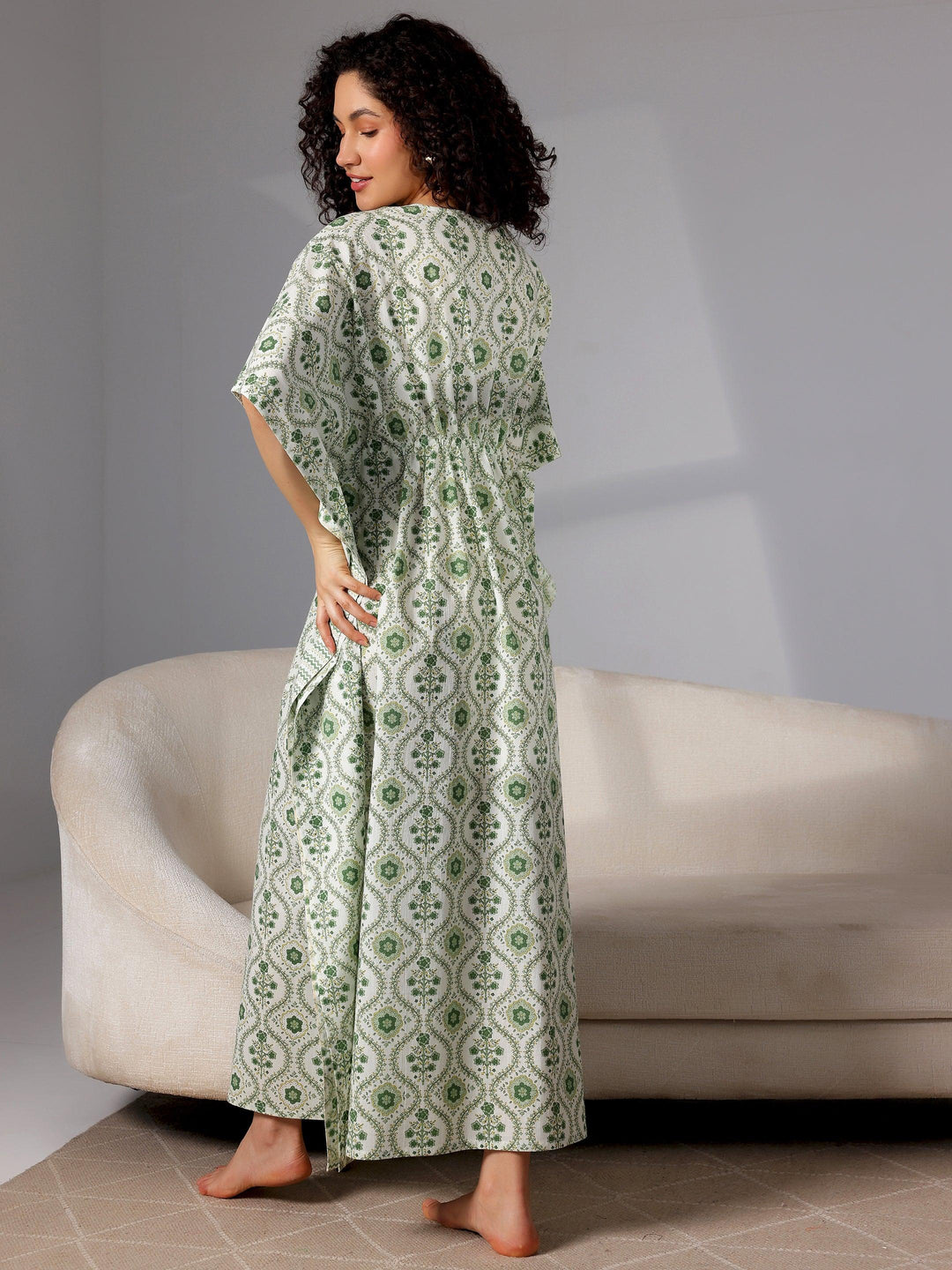 Green Printed Cotton Kaftan Night Dress - Libas